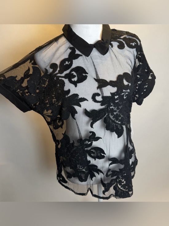 Karen Harman Tops - Black Sheer Lace Collared Women's Blouse
